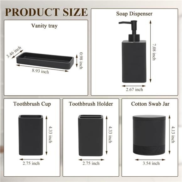 Matte Black Bathroom Accessories Set 6 Piece Soap Dispenser Toothbrush Holder - Picture 3 of 8